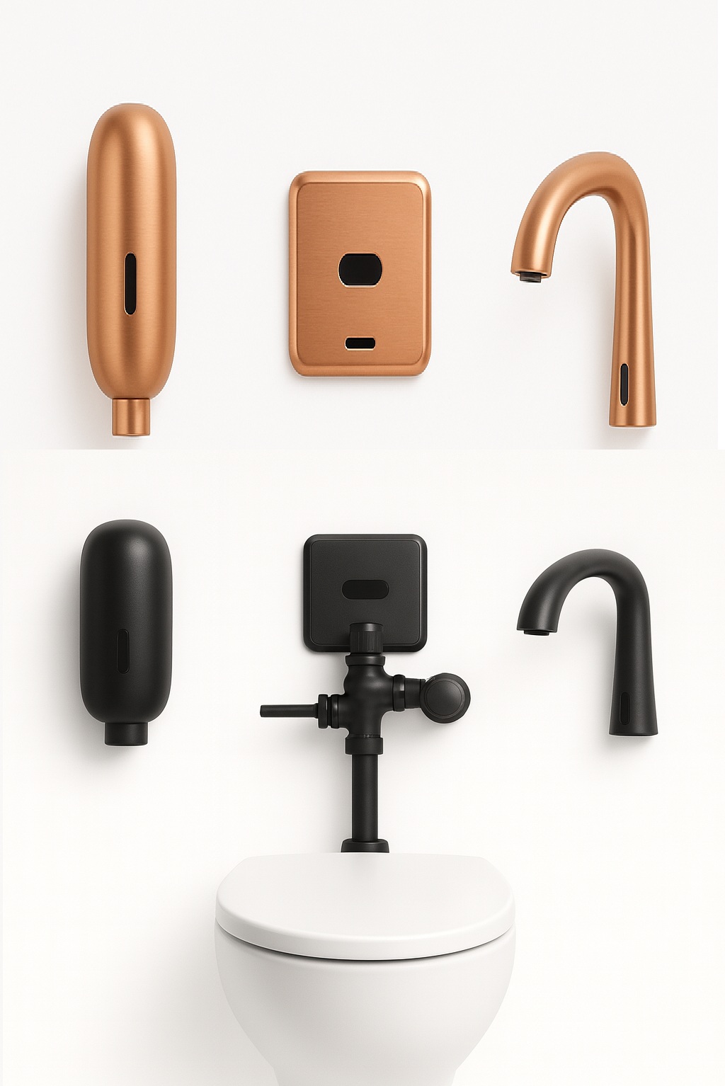Integrated latrine accessory set: sensor faucet, flush valve, soap dispenser — coordinated design